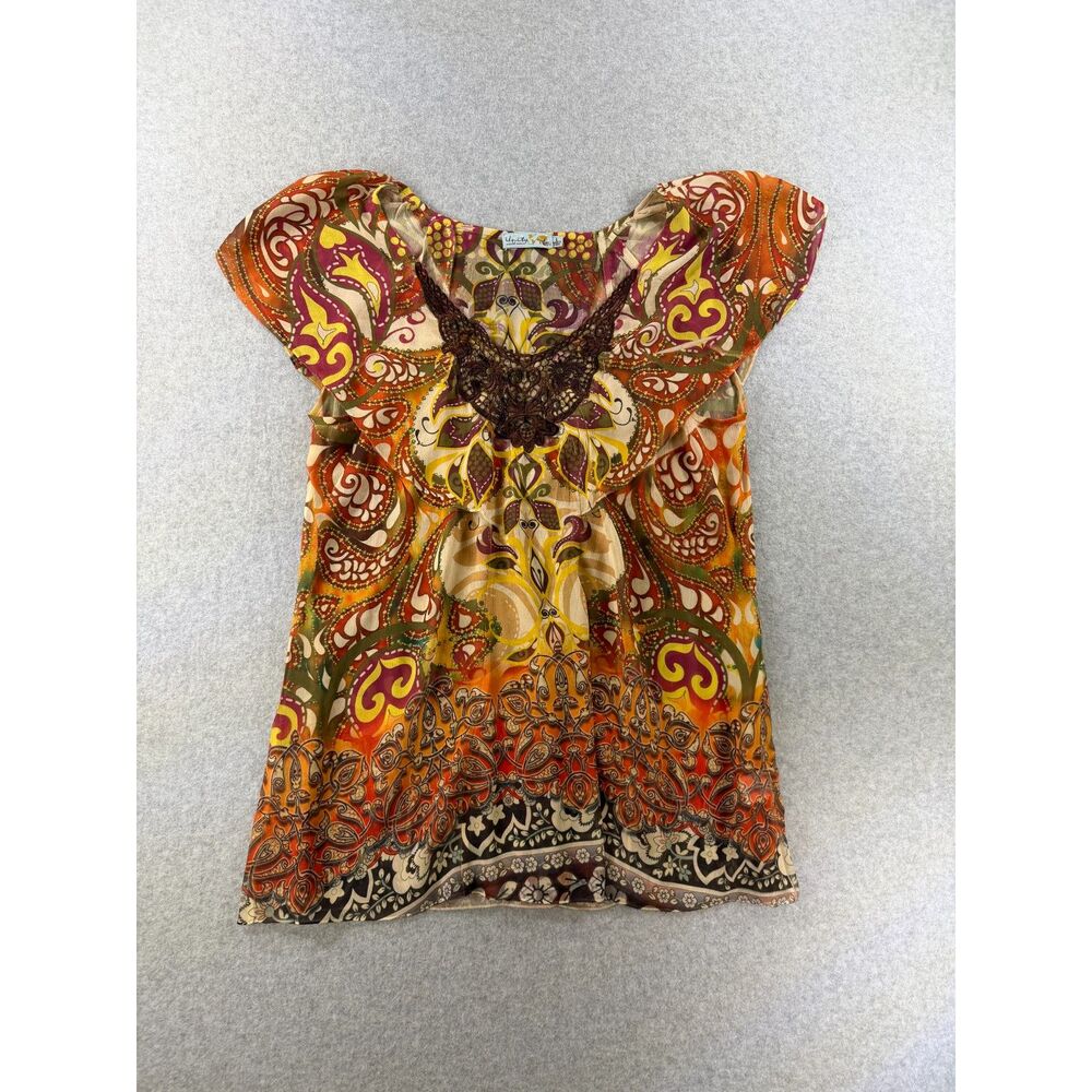 Unity World Wear Large Boho Paisley Sheer Blouse Beaded Lace Trim - Picture 2 of 8